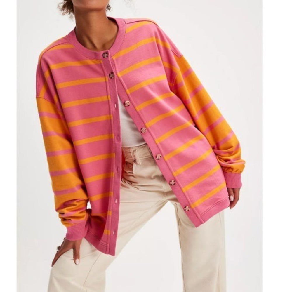 Free People Cardigan Women XS Pink Orange Striped Cotton Button Front Sweater